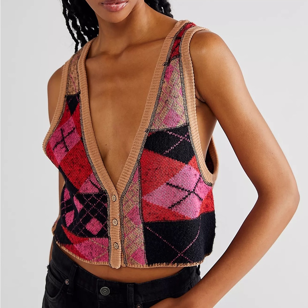Free People Pink and Black Patterned Sweater Vest Top